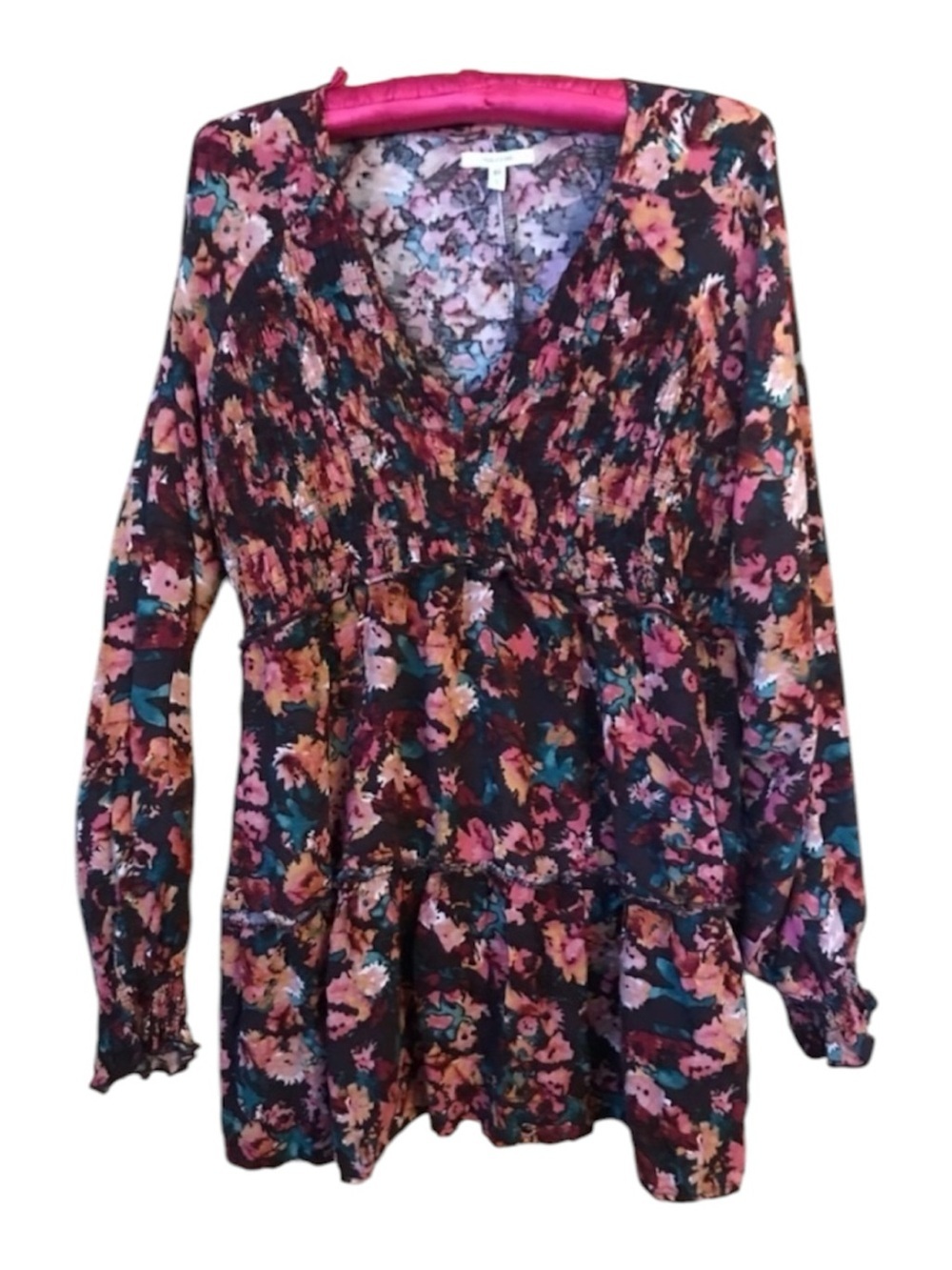 Maurices Floral Babydoll Tunic Top Womens S Black Pink Teal Boho Peasant
